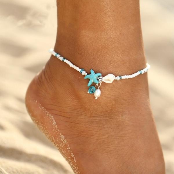 Natural Stone Anklet Bracelet with Star and Shell Design