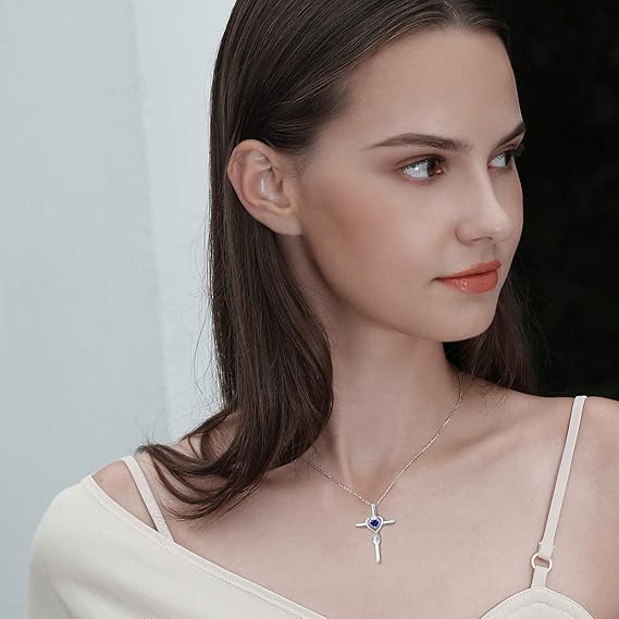 Sapphiree Heart Stone Cross Necklace | White Gold