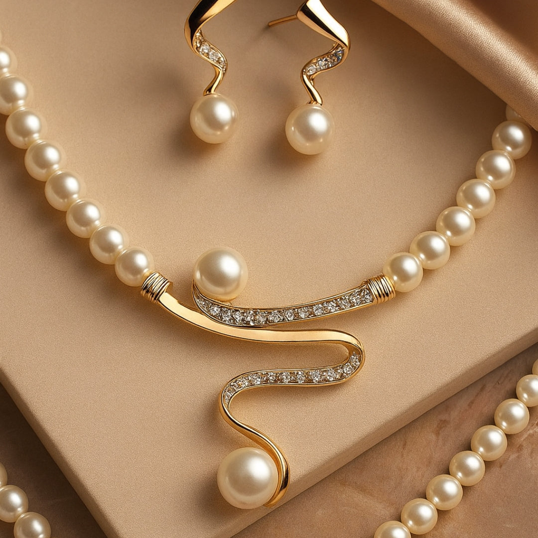 Natrual Pearl Necklace + Earrings Set