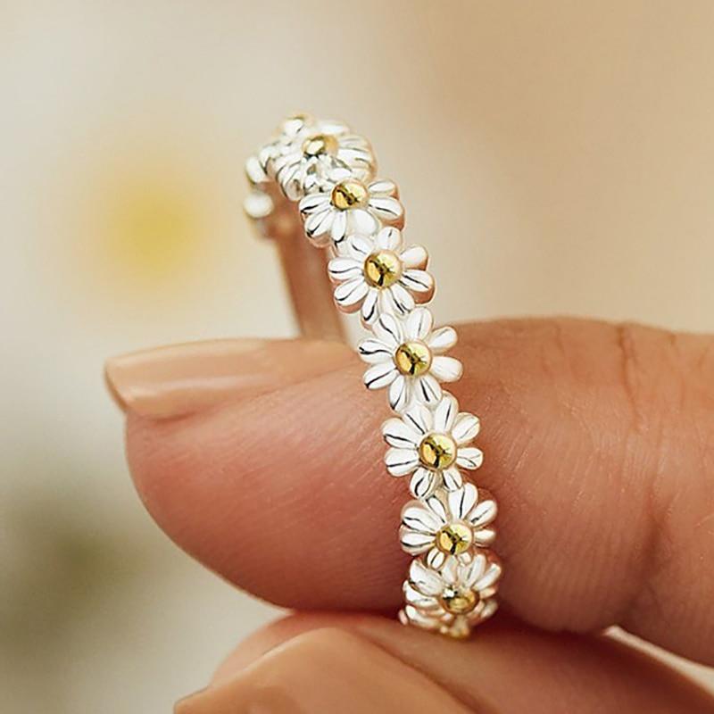 Hand-Painted Enamel Daisy Ring with Adjustable Silver Band