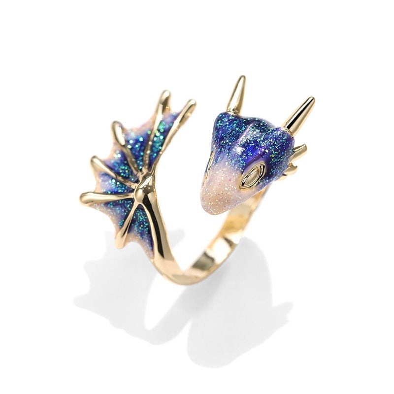 Hand-Painted Enamel and Silver Adjustable Dragon Ring