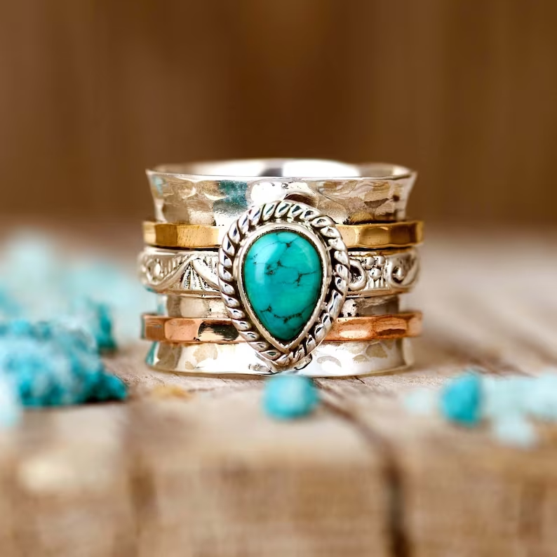 Antique Gold & Silver Ring Inlaid with Turquoise