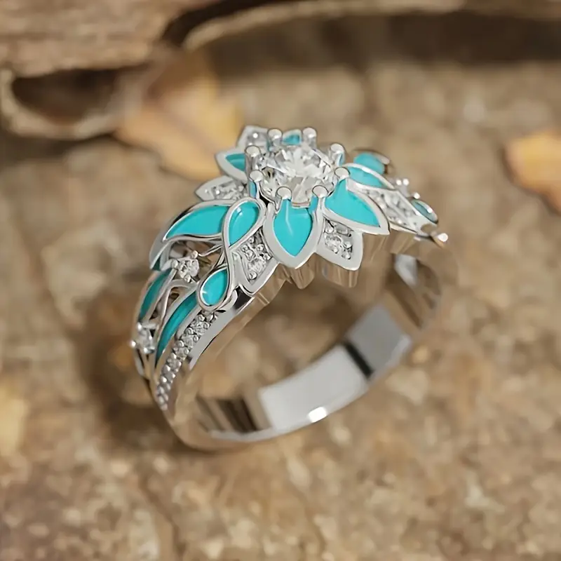 Elegant Turquoise & Crystal Flower Ring