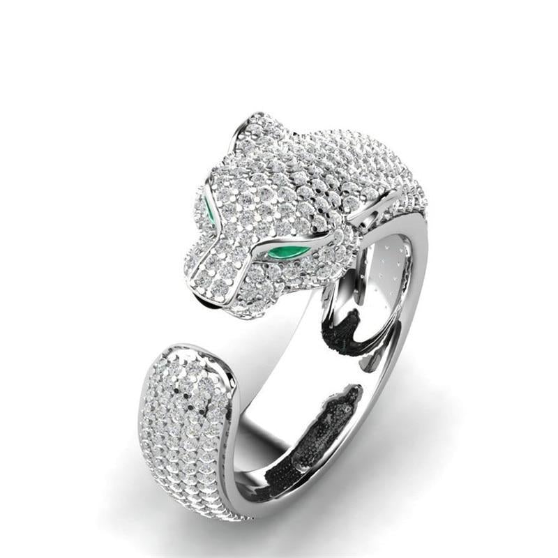 Adjustable Jagar Ring in 18K Silver and Rose Gold with Green Zirconia Eyes