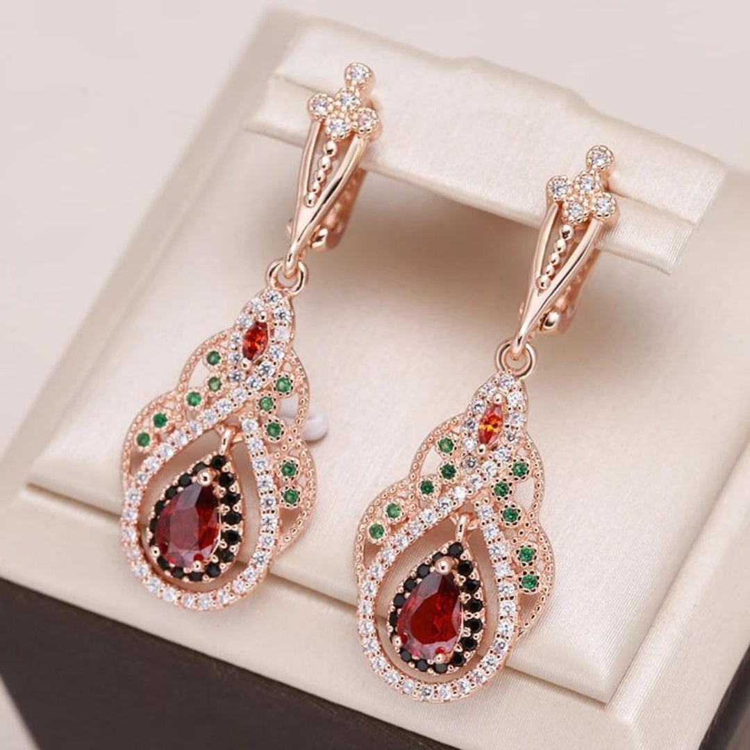Gold Zirconia Red Mandala Earrings