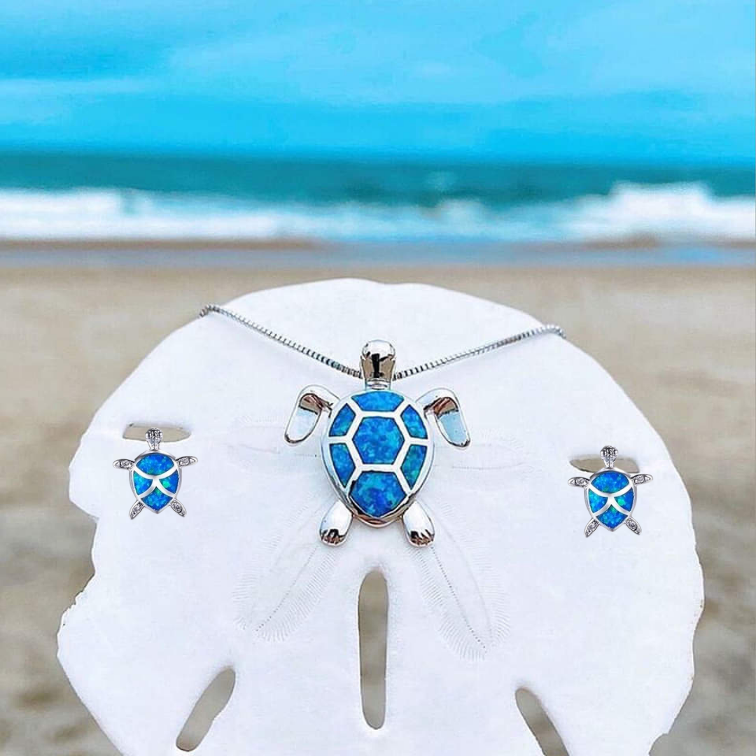 Opal and Silver Sea Turtle Necklace with Matching Earrings Set