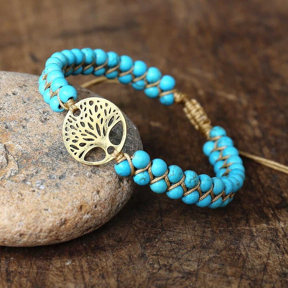 Handmade Turquoise Stone Bracelet - Tree of Life Design