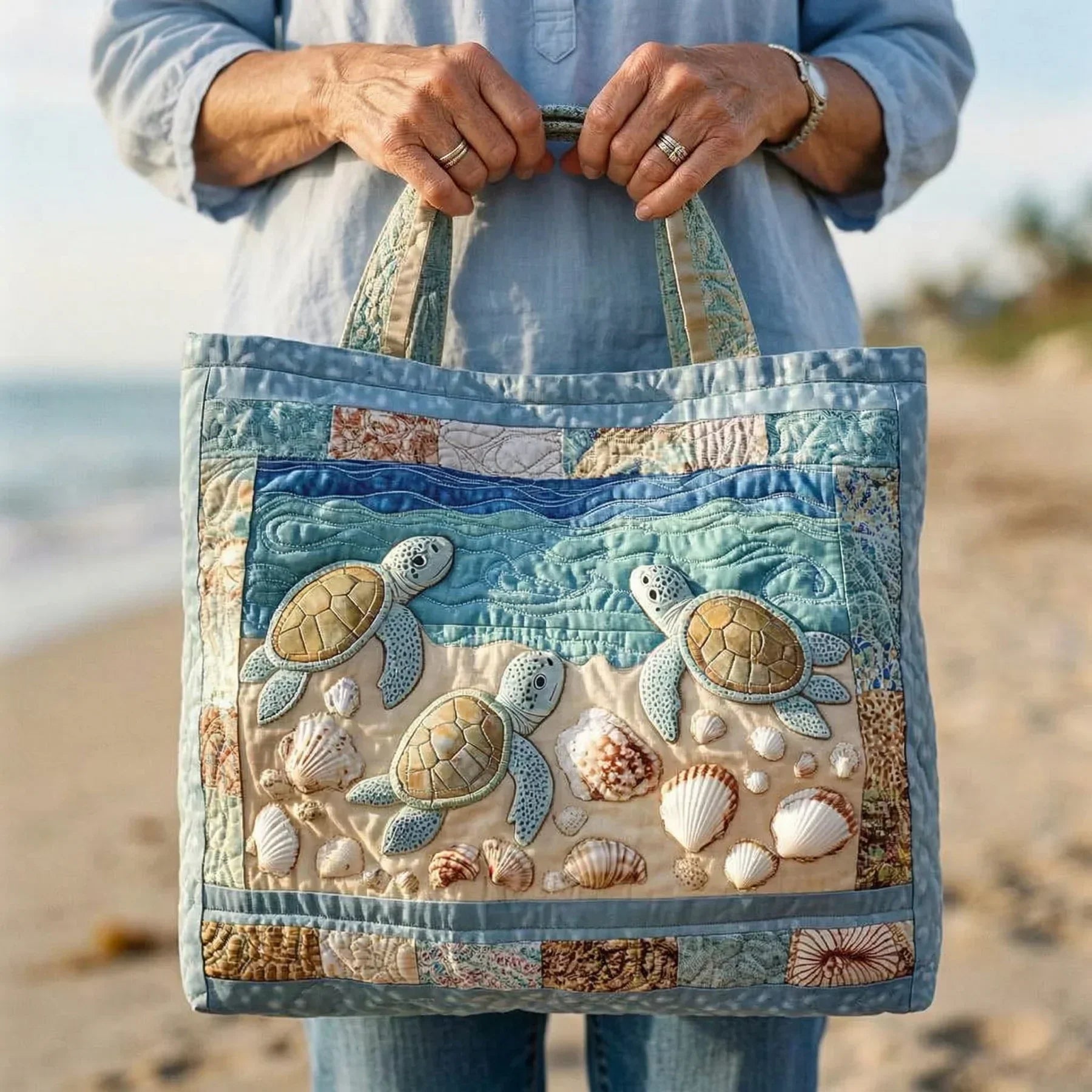 Artisan Quilted Tote Bag - Sea Turtles
