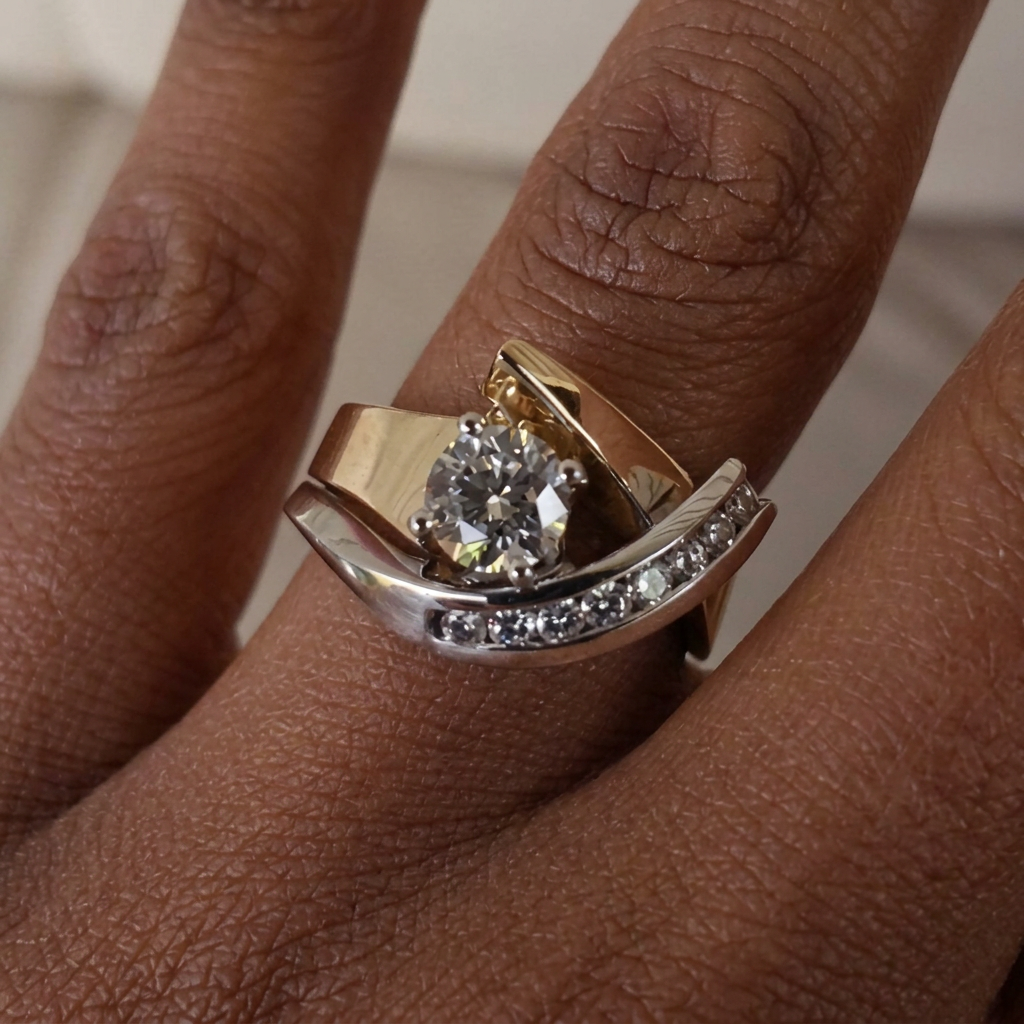 Irregular Vintage Ring with Gold, Silver, and Zirconia