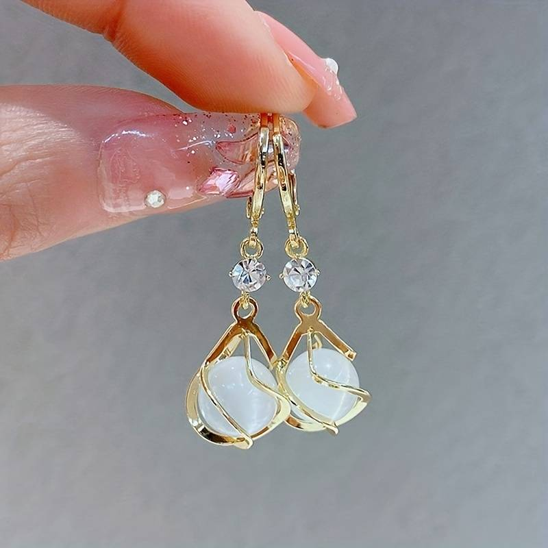 Golden Dangling Earrings with Vintage White Opal