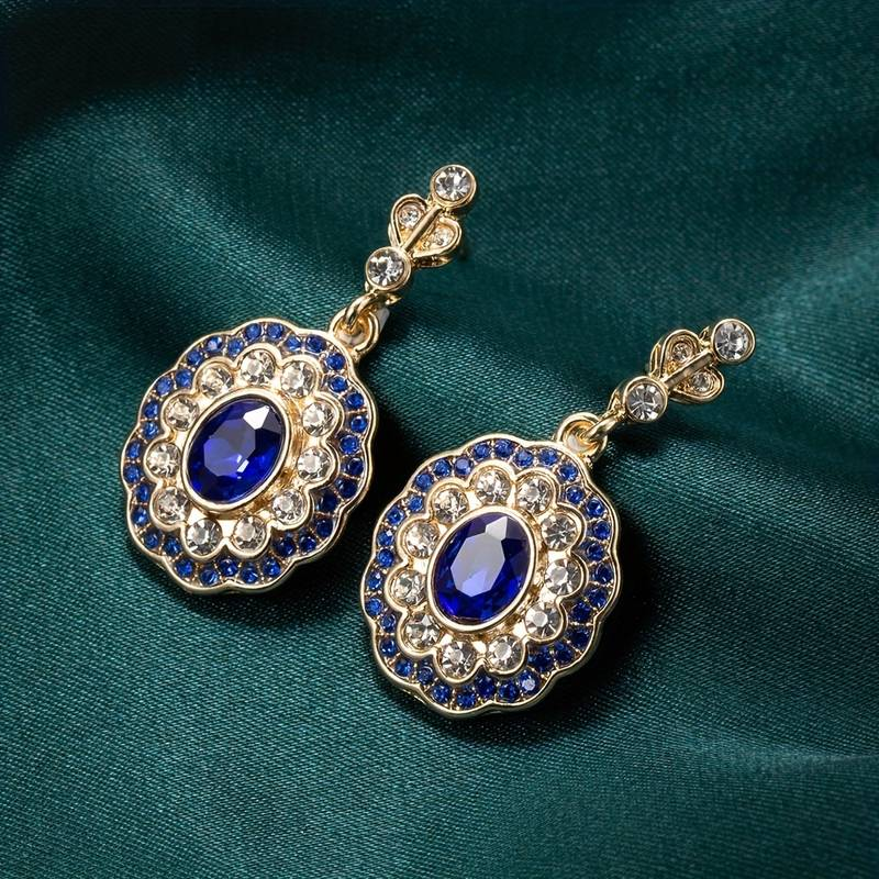 Vintage Gold Earrings with Blue Crystal Mandala