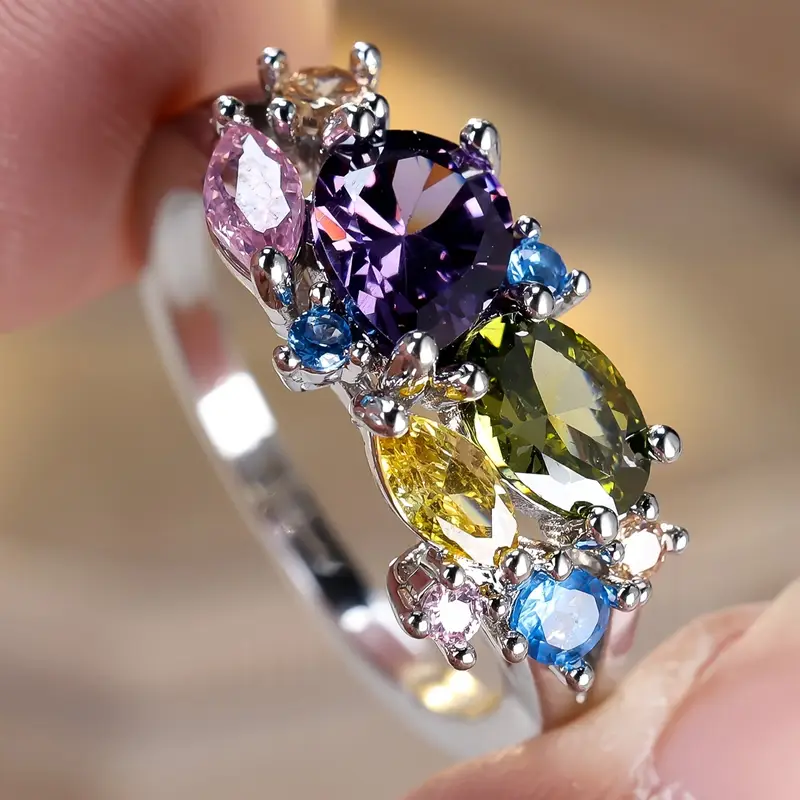 Colorful Vintage Silvered Crystal Ring