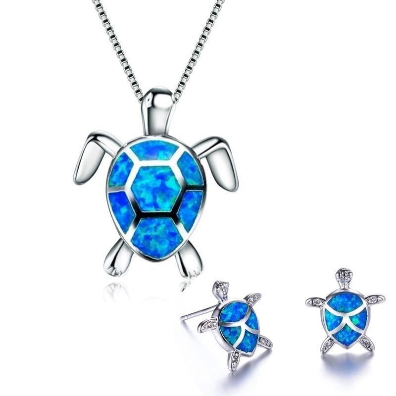 Opal and Silver Sea Turtle Necklace with Matching Earrings Set